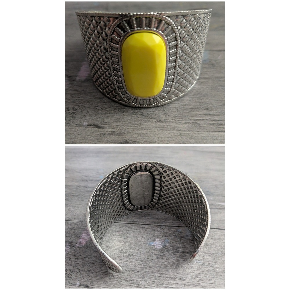 Silver Tone Textured Cuff Bracelet with Faceted Yellow Stone Statement Jewelry